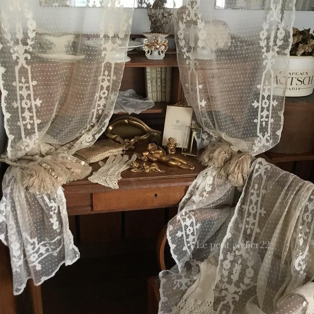 2枚1組) フランス アンティーク チュールレースカーテン 刺繍 エクリュ