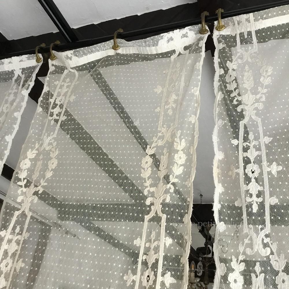 2枚1組) フランス アンティーク チュールレースカーテン 刺繍 エクリュ
