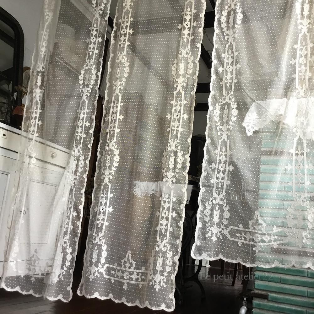 2枚1組) フランス アンティーク チュールレースカーテン 刺繍 エクリュ