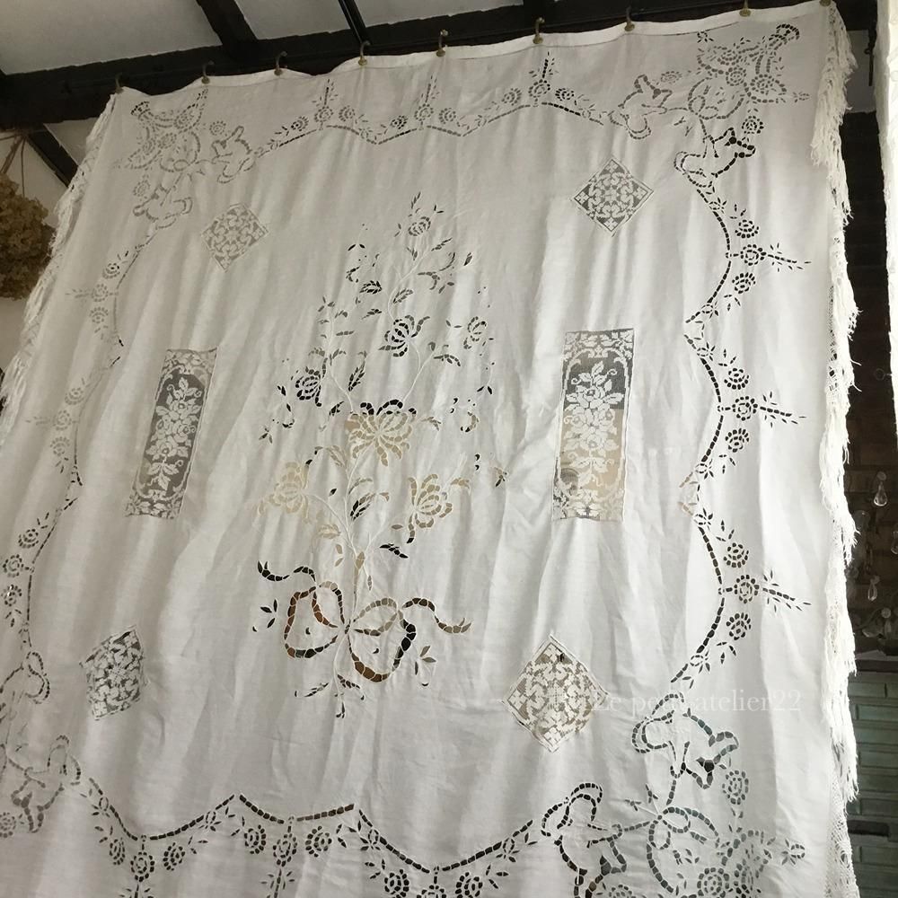 特大) フランス アンティーク リネン カットワーク リシュリュー刺繍