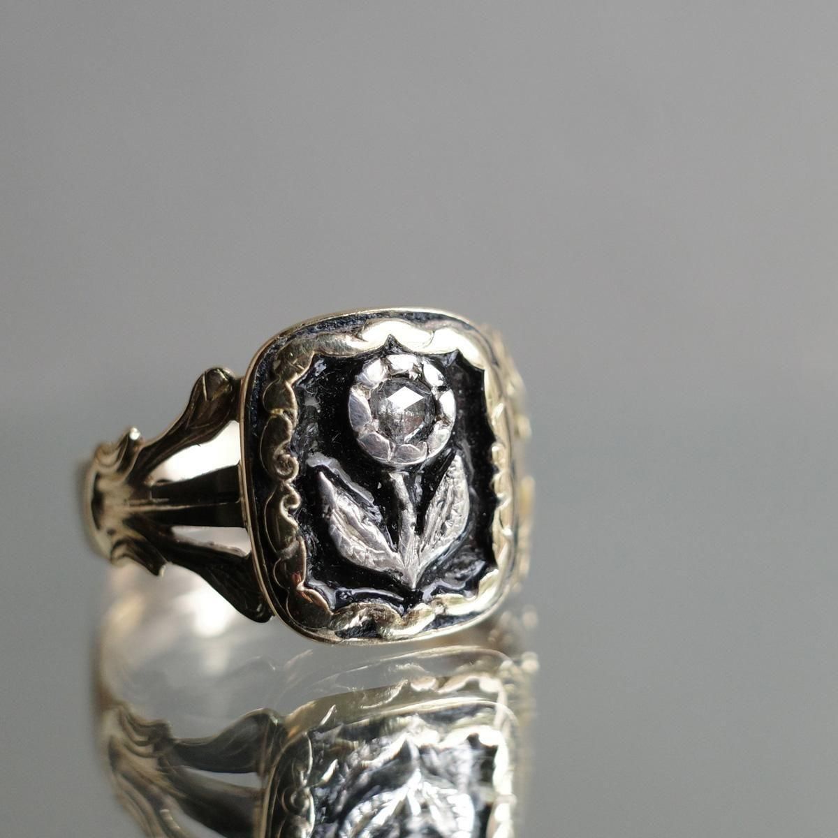 ヴィクトリアン 18金 ダイヤモンド エナメル モーニング リング