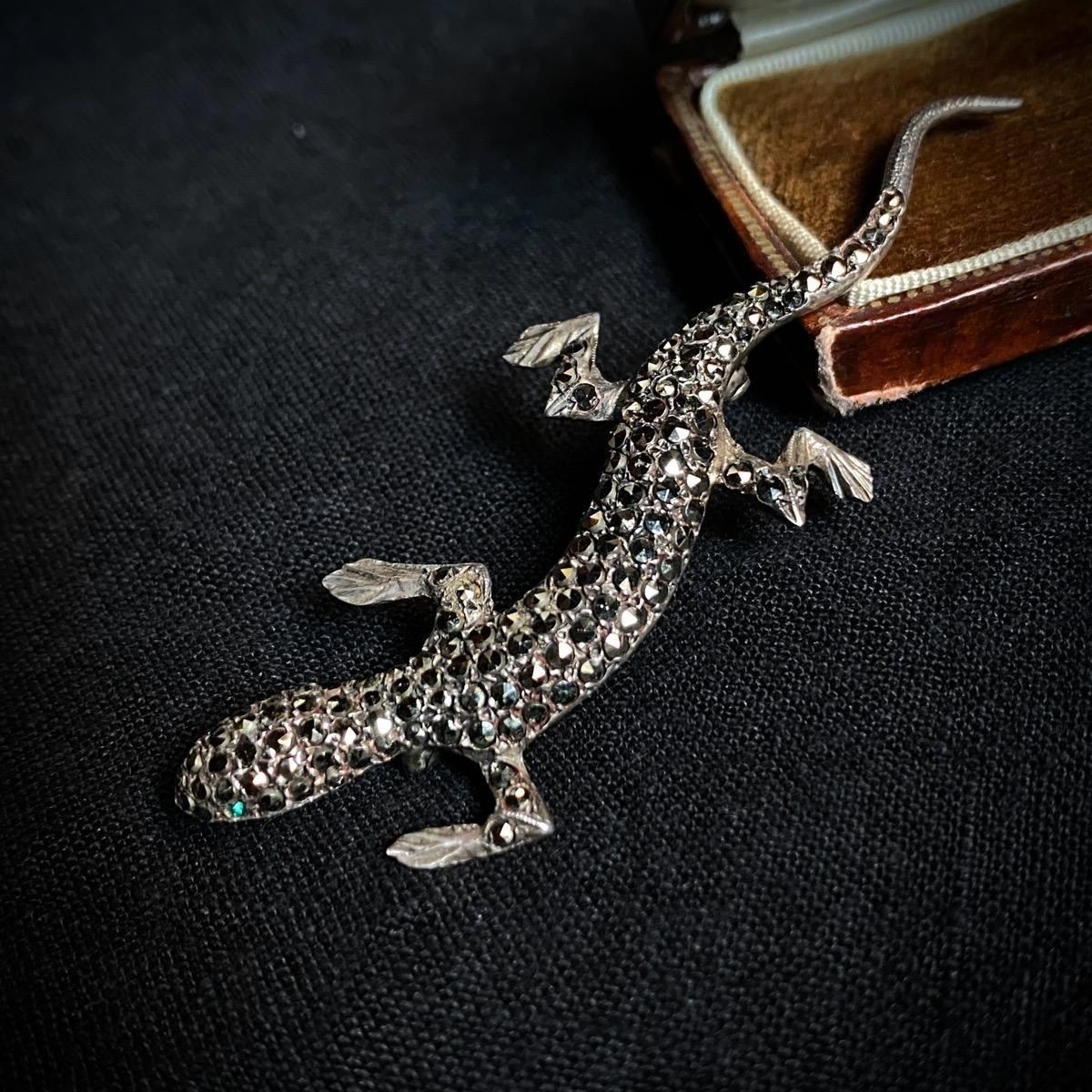 マルカジトブローチ 1940年代 シルバー マーカサイト トカゲ ブローチ