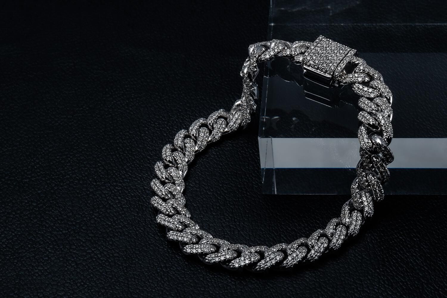 ダイヤモンド 10K ホワイトゴールド マイアミブレスレット 幅8.2mm