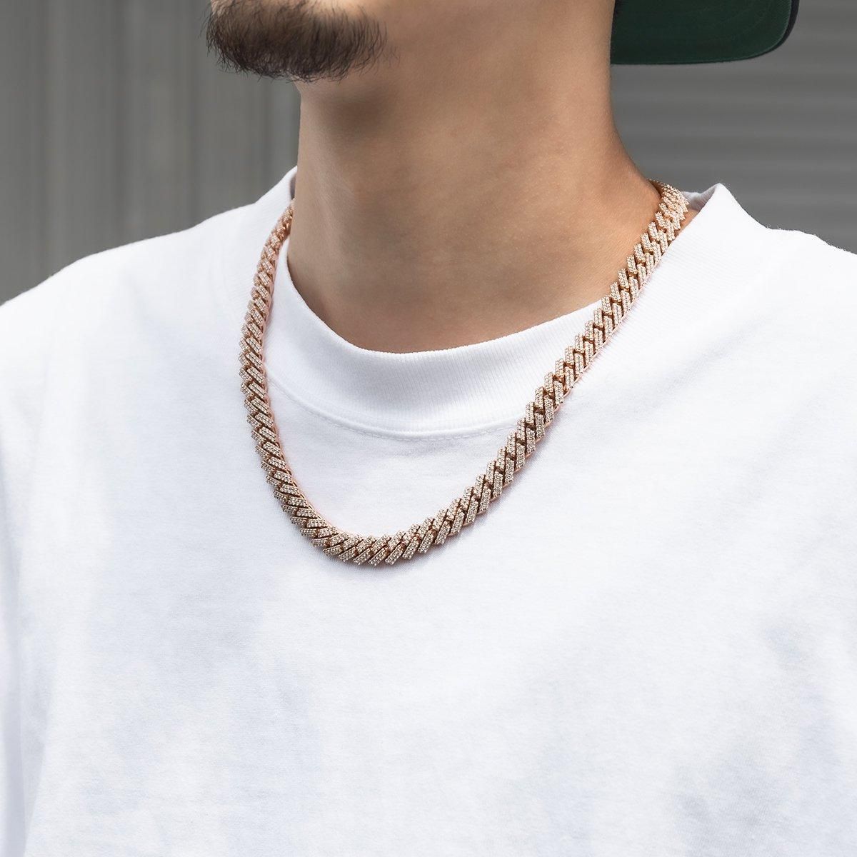 ダイヤモンド 10K ローズゴールド スクエアマイアミネックレス 幅10mm