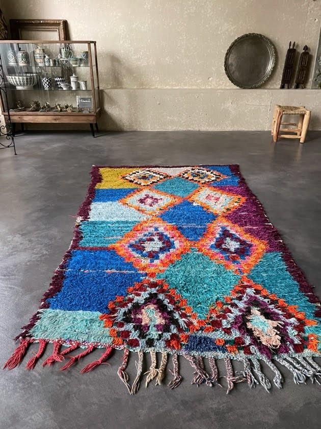 モロッコラグ「ボシャルウィット」ブルーオレンジ,RBO36サステナブルな