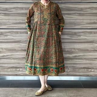 ブロックプリントサイドギャザーワンピース グリーン×オレンジ Lサイズ