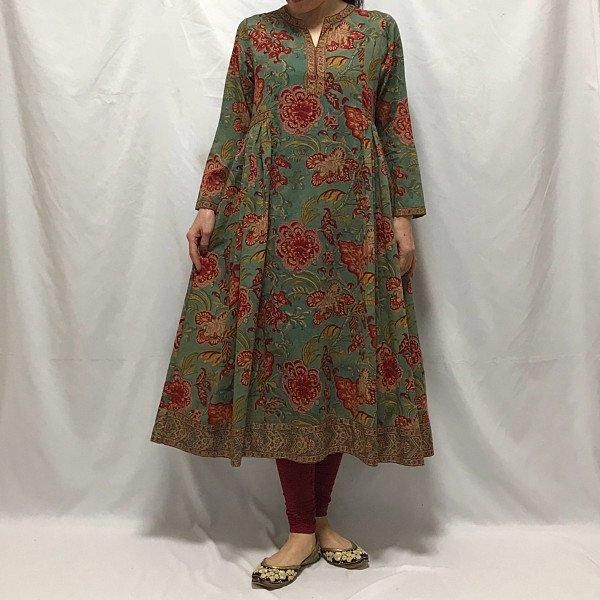 サイドギャザーワンピース グリーン×レッド LXLサイズ - インドの