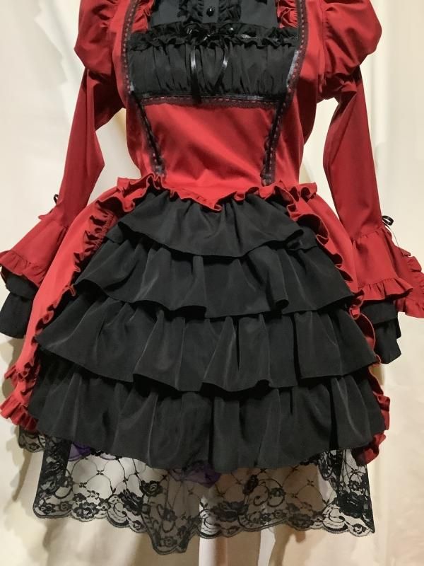 ブラウス＆スカートセットアップ風全身コーディネートワンピース：赤