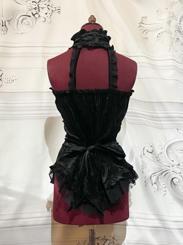 ◇受注商品◇アクセサリー付き編み上げビスチェ：黒ベロア×黒 - MARBLE