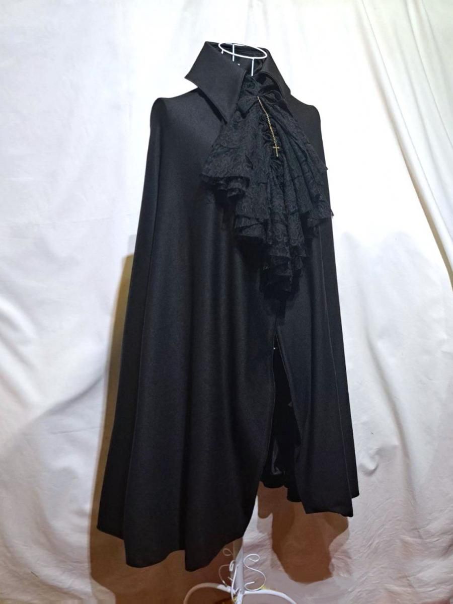 ◇受注商品◇ボリュームタイ付きロングマント：黒×黒レースタイ