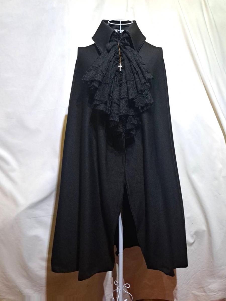 ◇受注商品◇ボリュームタイ付きロングマント：黒×黒レースタイ