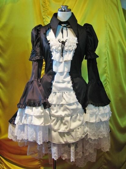 ◇受注商品◇別衿・姫袖付きドレスワンピース：黒×白フリル - MARBLE