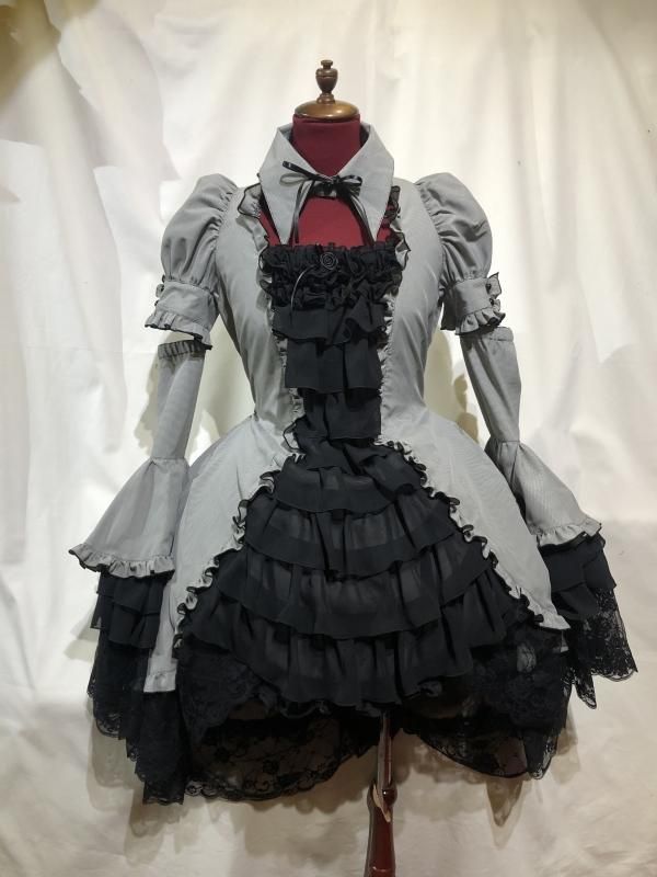 ◇受注商品◇ゴシックタイ付コルセット風ブラウスワンピース：白×黒白