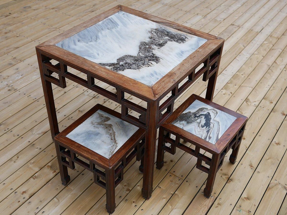 ヴィンテージ中国家具 大理石天板紅木テーブルセット (3点セット