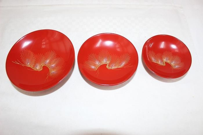 I-421輪島塗本木地造溜塗枝松文沈金蒔絵屠蘇器揃え 蒔絵師福久勝利作