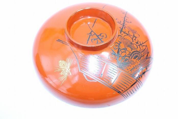 F-1110輪島塗本木地造朱塗松竹梅文沈金蒔絵付吸物椀全18客バラ売