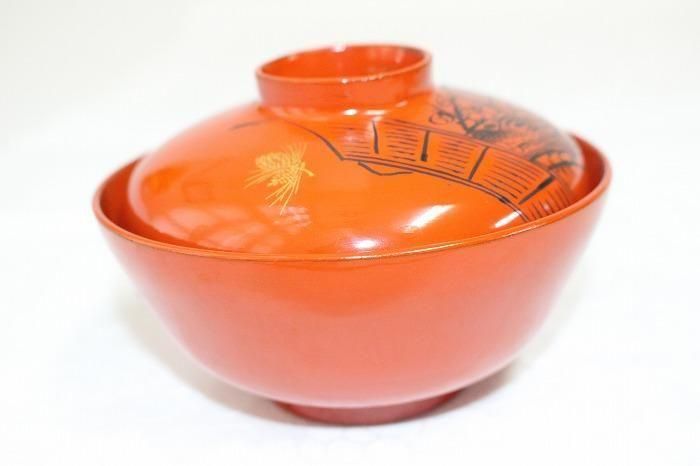 F-1110輪島塗本木地造朱塗松竹梅文沈金蒔絵付吸物椀全18客バラ売