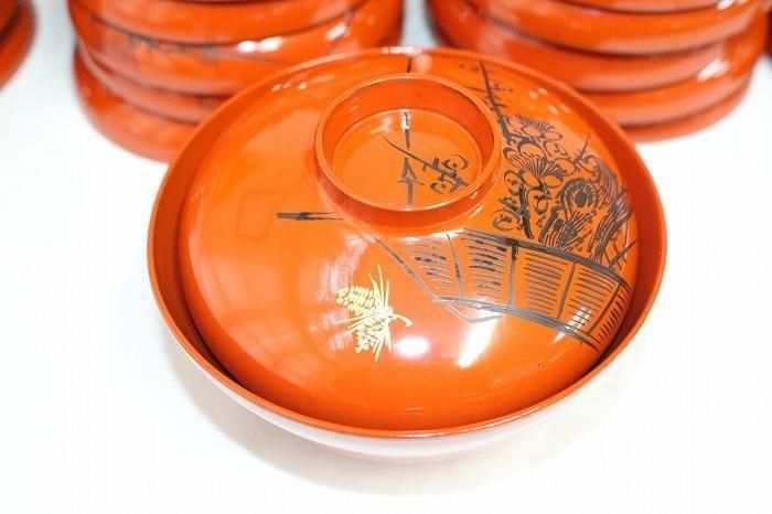 F-1110輪島塗本木地造朱塗松竹梅文沈金蒔絵付吸物椀全18客バラ売