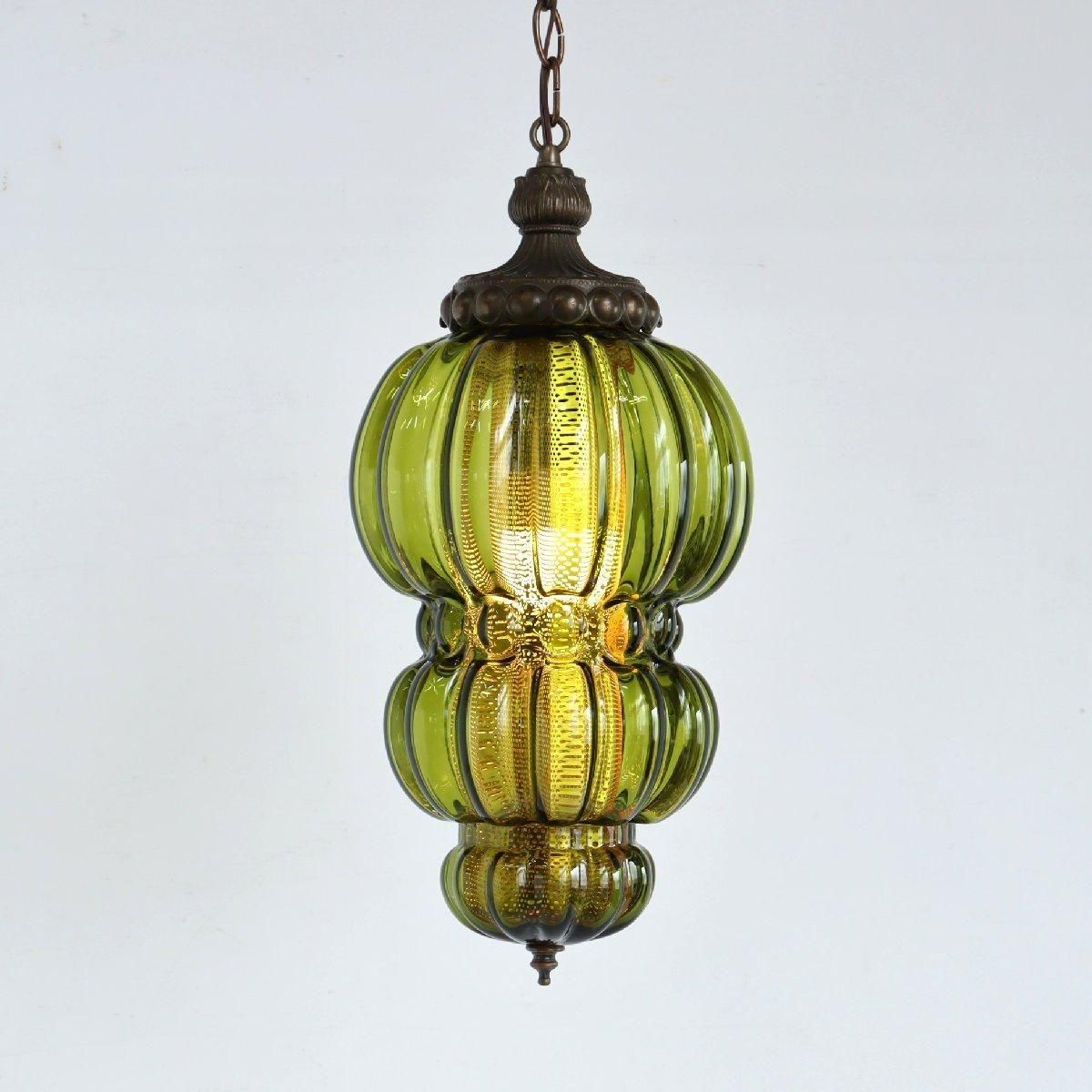60s 70s グリーンガラス ペンダントランプ -通販-ローズボール