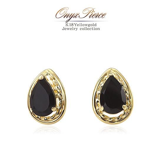 女性へのプレゼント K18YG オニキス ピアス 18金イエローゴールド