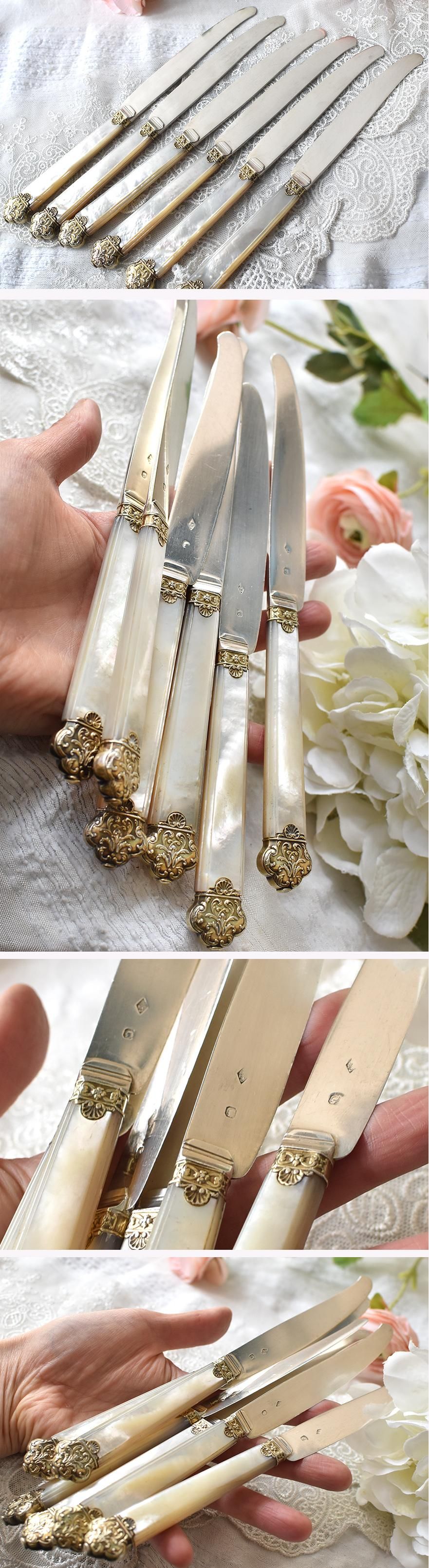 仏アンティークシルバー【銀950】白蝶貝 デザートナイフ◇カルディ