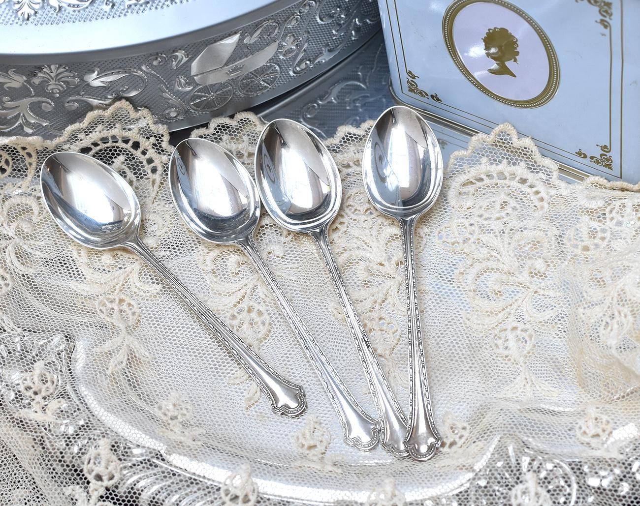 英国アンティーク銀器【純銀】ティースプーン4本◇Antique Market