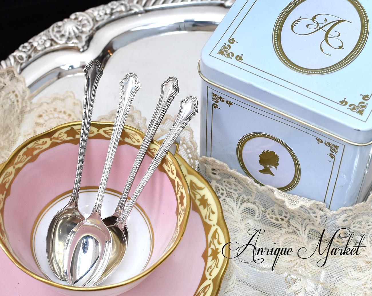 英国アンティーク銀器【純銀】ティースプーン4本◇Antique Market