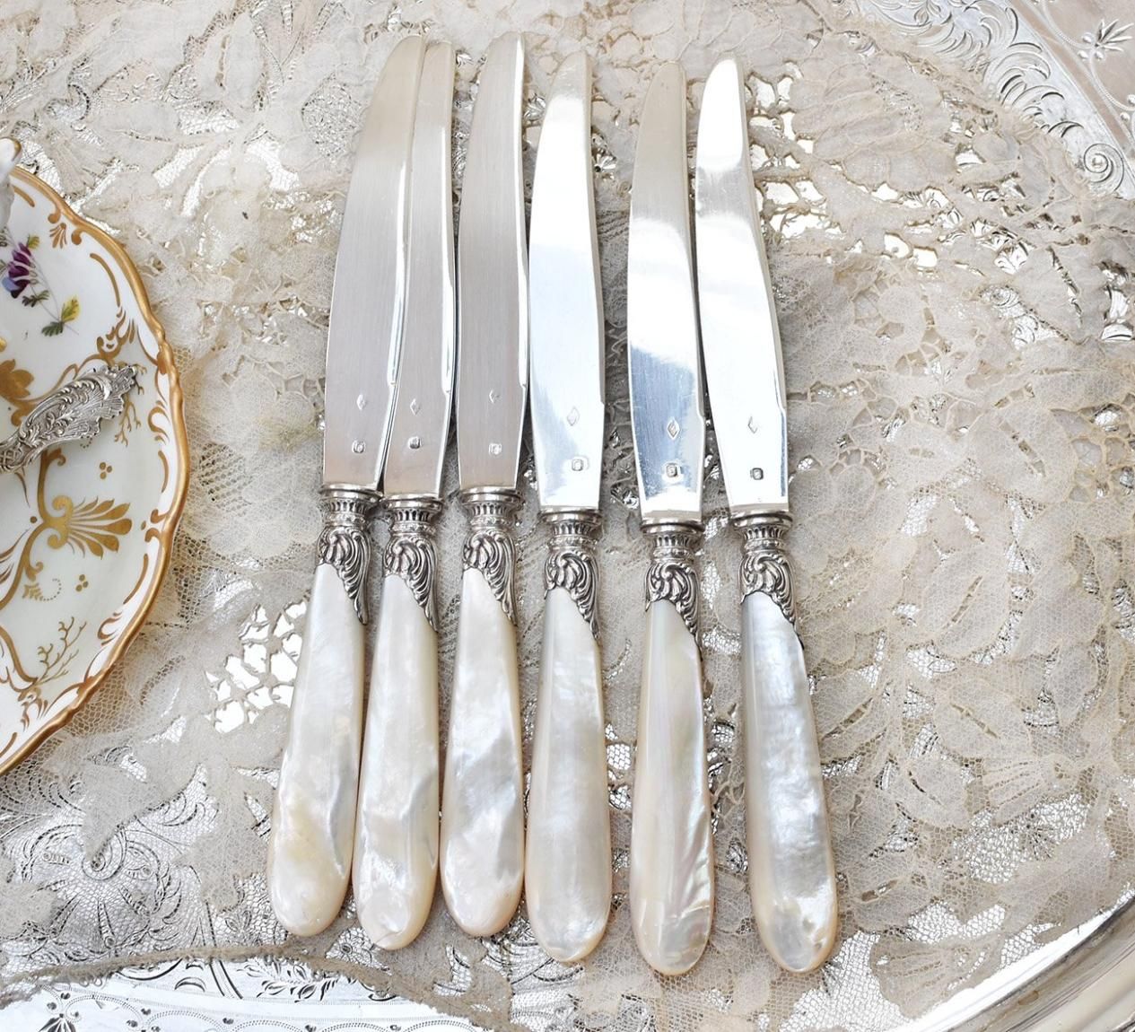 仏アンティーク銀器【銀950】白蝶貝ハンドルのデザートナイフ6本セット