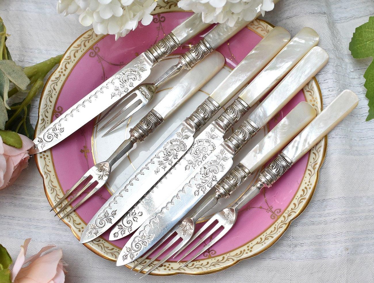 英国アンティーク銀器【純銀】白蝶貝カトラリー6組＆ティースプーン