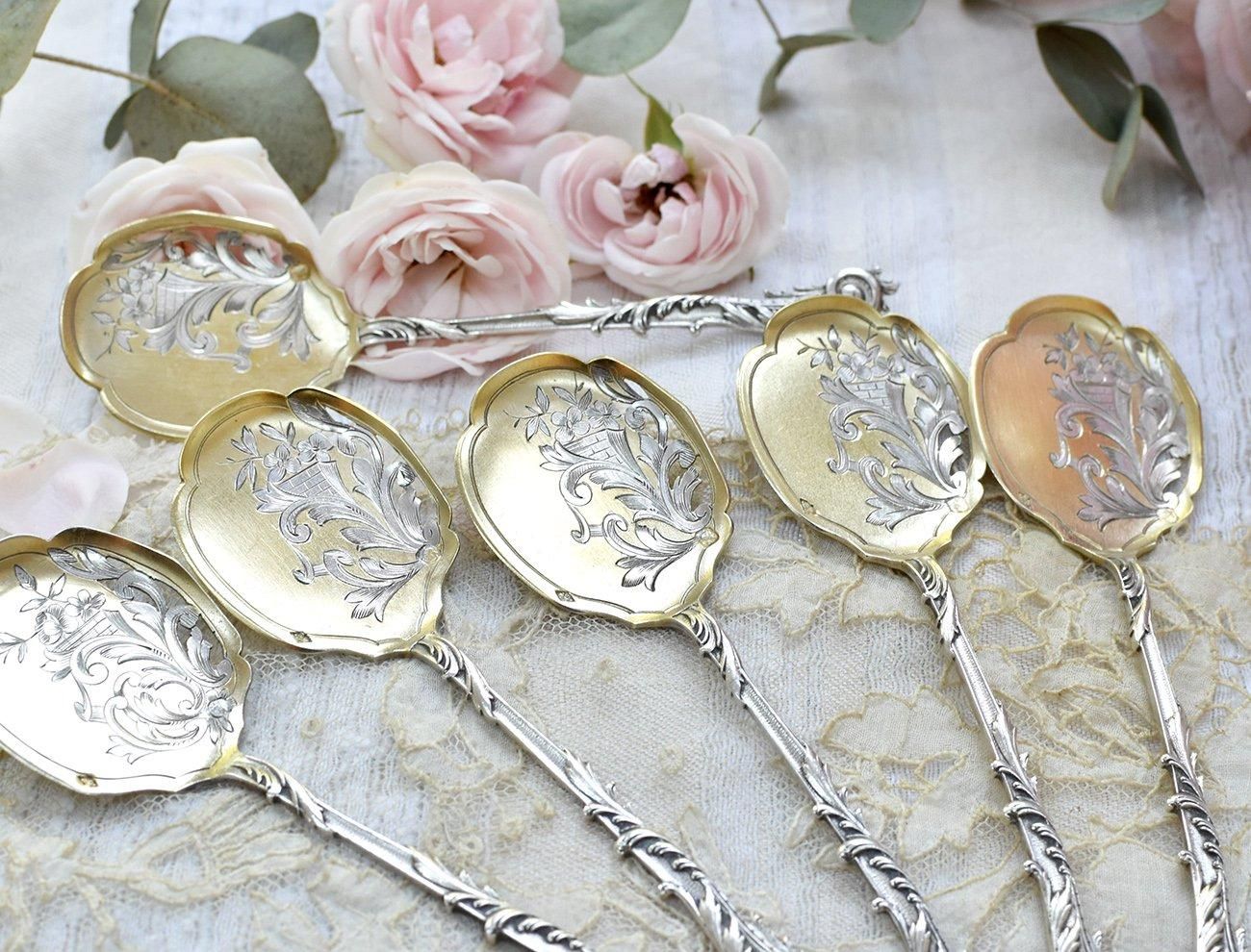 仏アンティーク銀器【銀950】アイスクリームスプーン 6本組