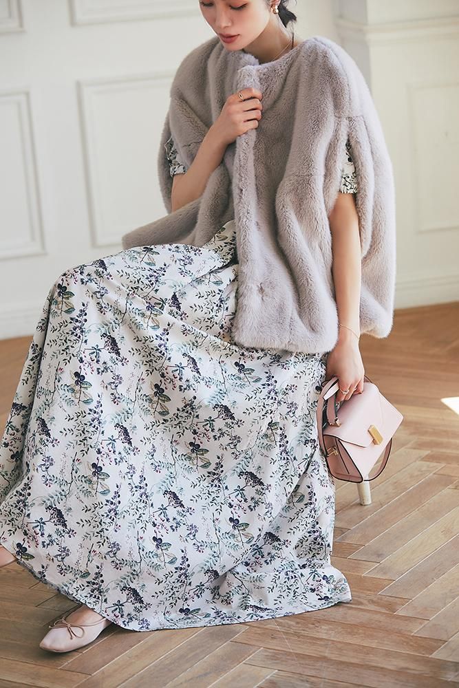 木の実柄プリントマキシワンピース(グレー) - seventen