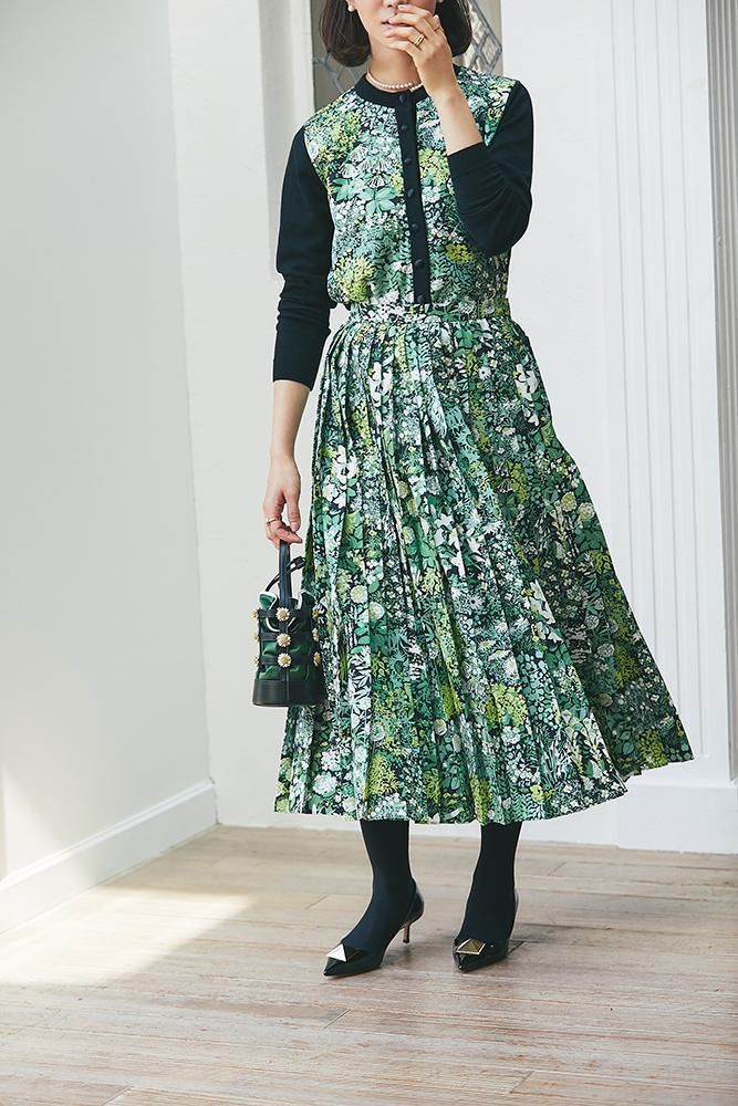 プリントプリーツスカート(ブラック) - seventen