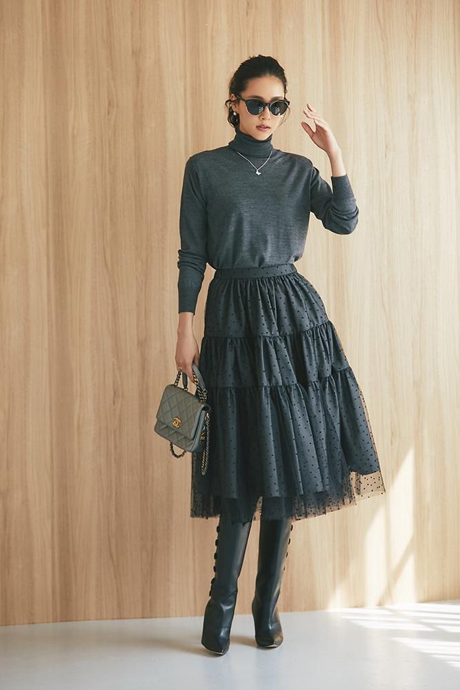 フロッキードットチュールスカート(ブラック×グレー) - seventen