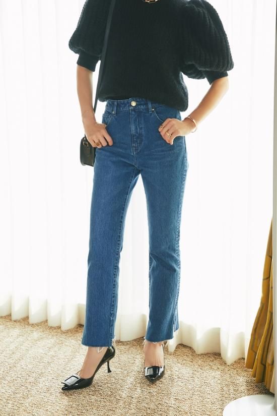 再入荷】ハイライズスリムストレートデニムパンツ(インディゴブルー