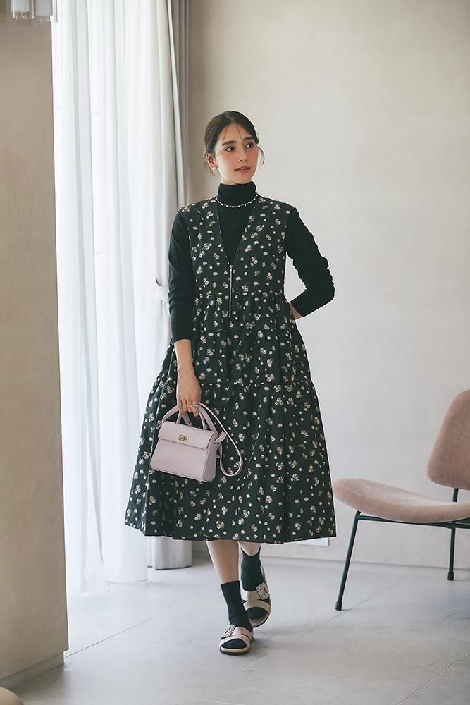 Vネックジャガードワンピース(ブラック×ピンク) - seventen