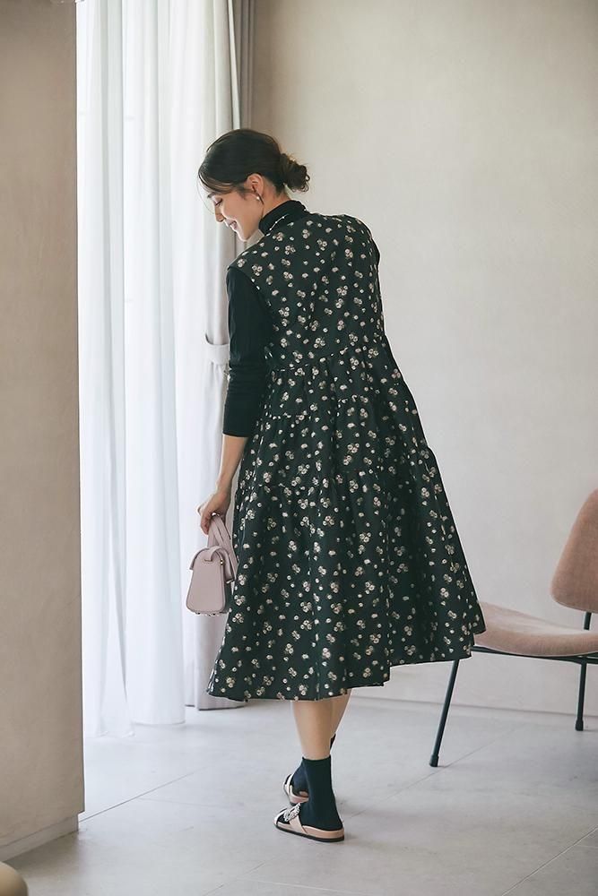 Vネックジャガードワンピース(ブラック×ピンク) - seventen