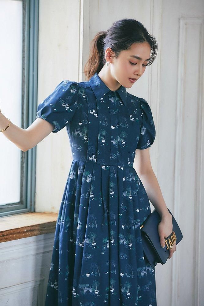 再入荷】スワンプリントワンピース(ダークネイビー) - seventen