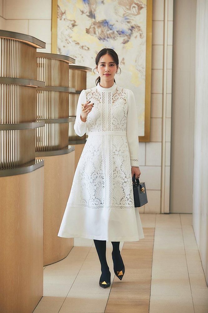 レースブロッキングワンピース(ホワイト) - seventen