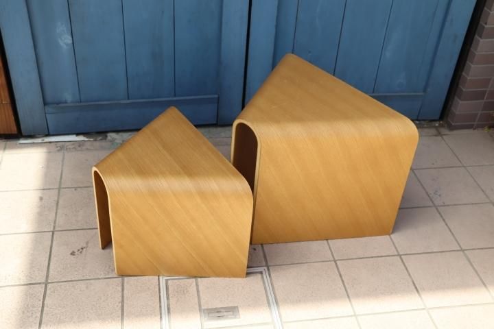 稀少なMUJI(無印良品)の重なるテーブルベンチ・成型合板・オーク材2点