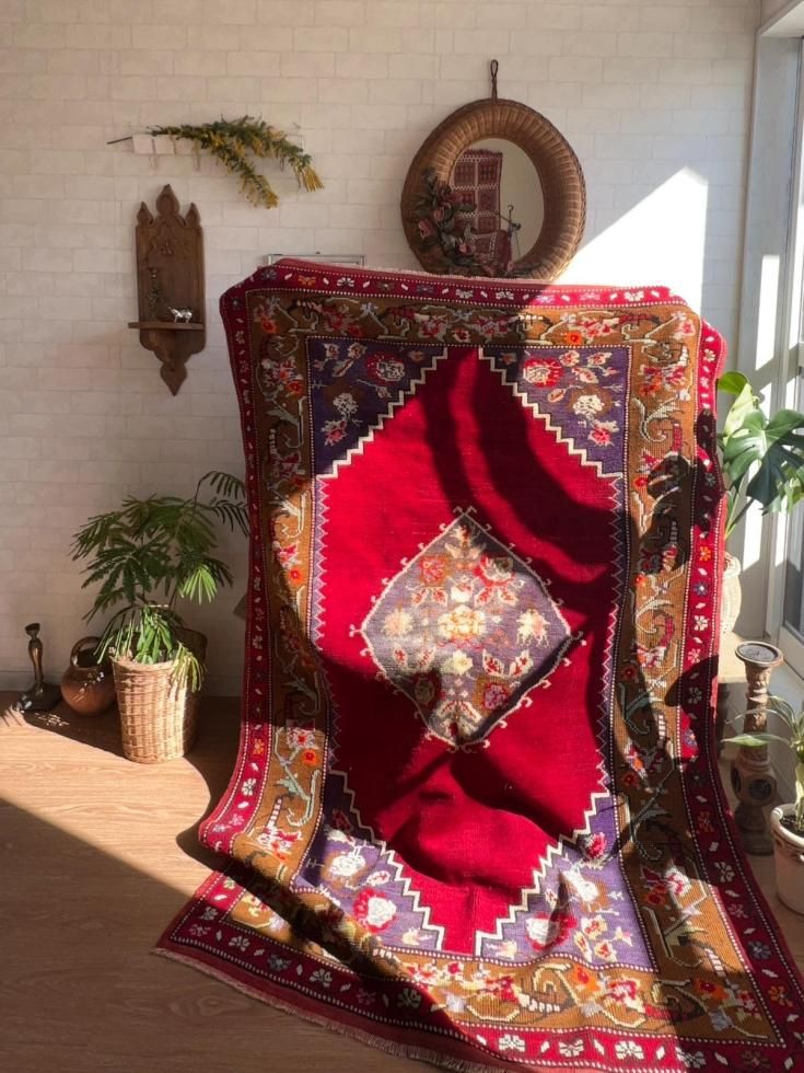 まあま トルコ ヴィンテージラグ 大判 赤 フローラル まあま トルコ