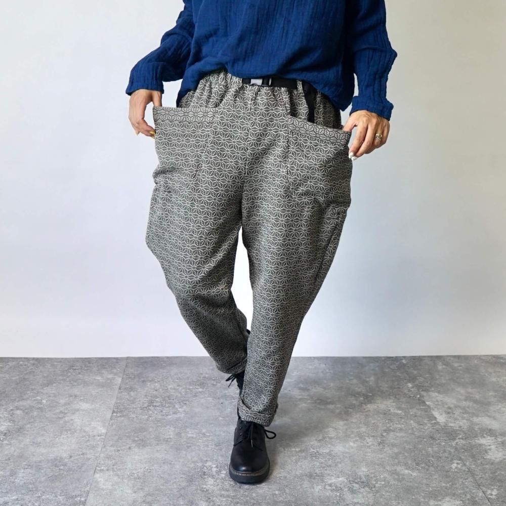 麻柄キャンプワークパンツ/カーキ/刺し子織