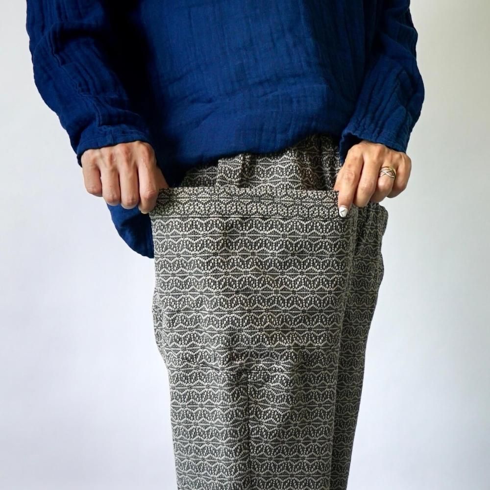 麻柄キャンプワークパンツ/カーキ/刺し子織