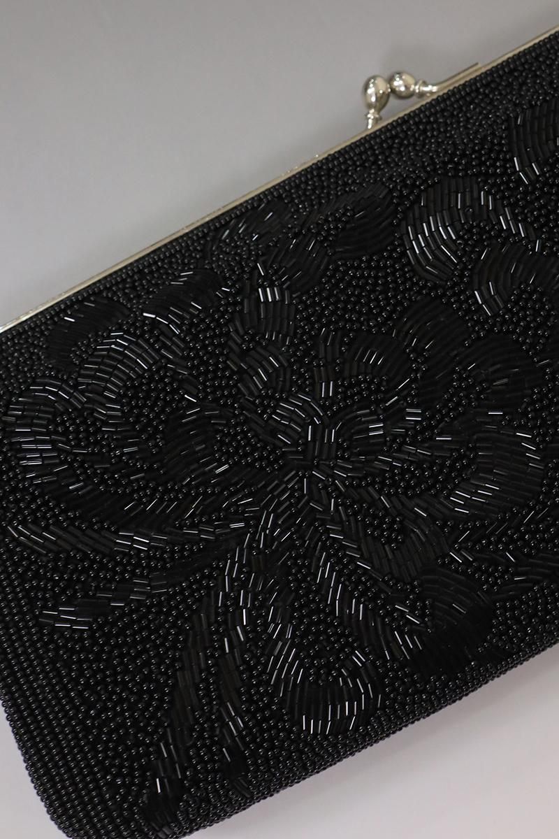 銀座【G-2752】ビーズ刺繍 クラッチバッグ 菊文 黒色 - 銀座きもの青木