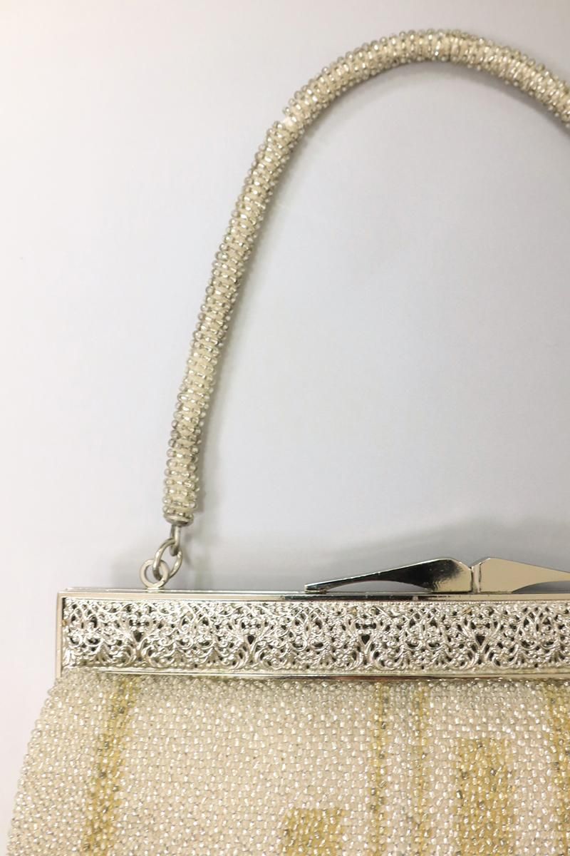 銀座【G-2756】ビーズ刺繍 バッグ 縦ストライプ 銀色×青朽葉色 - 銀座