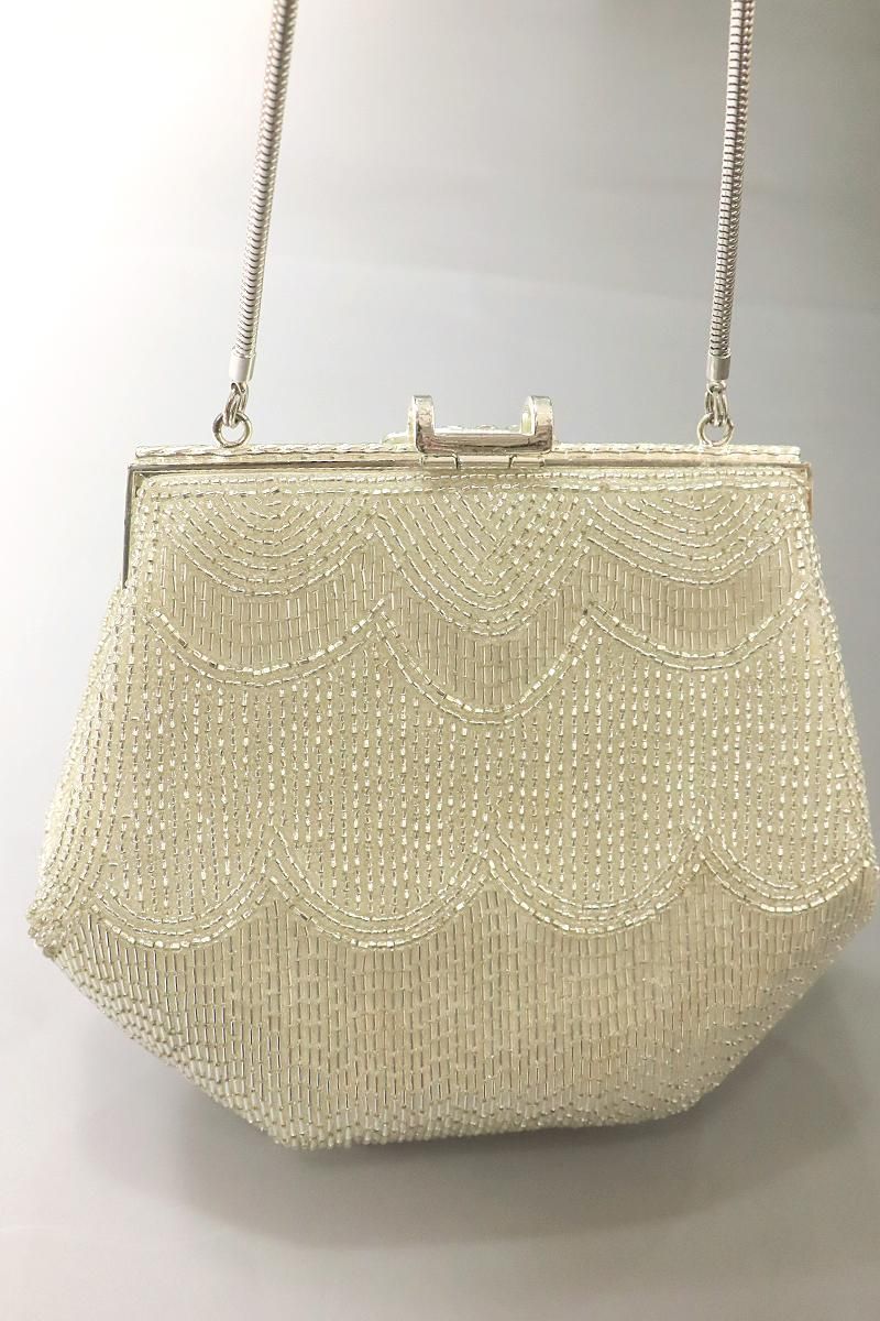 銀座【G-2762】ルミーはしもと製 ビーズ刺繍 バッグ 幾何文 銀色