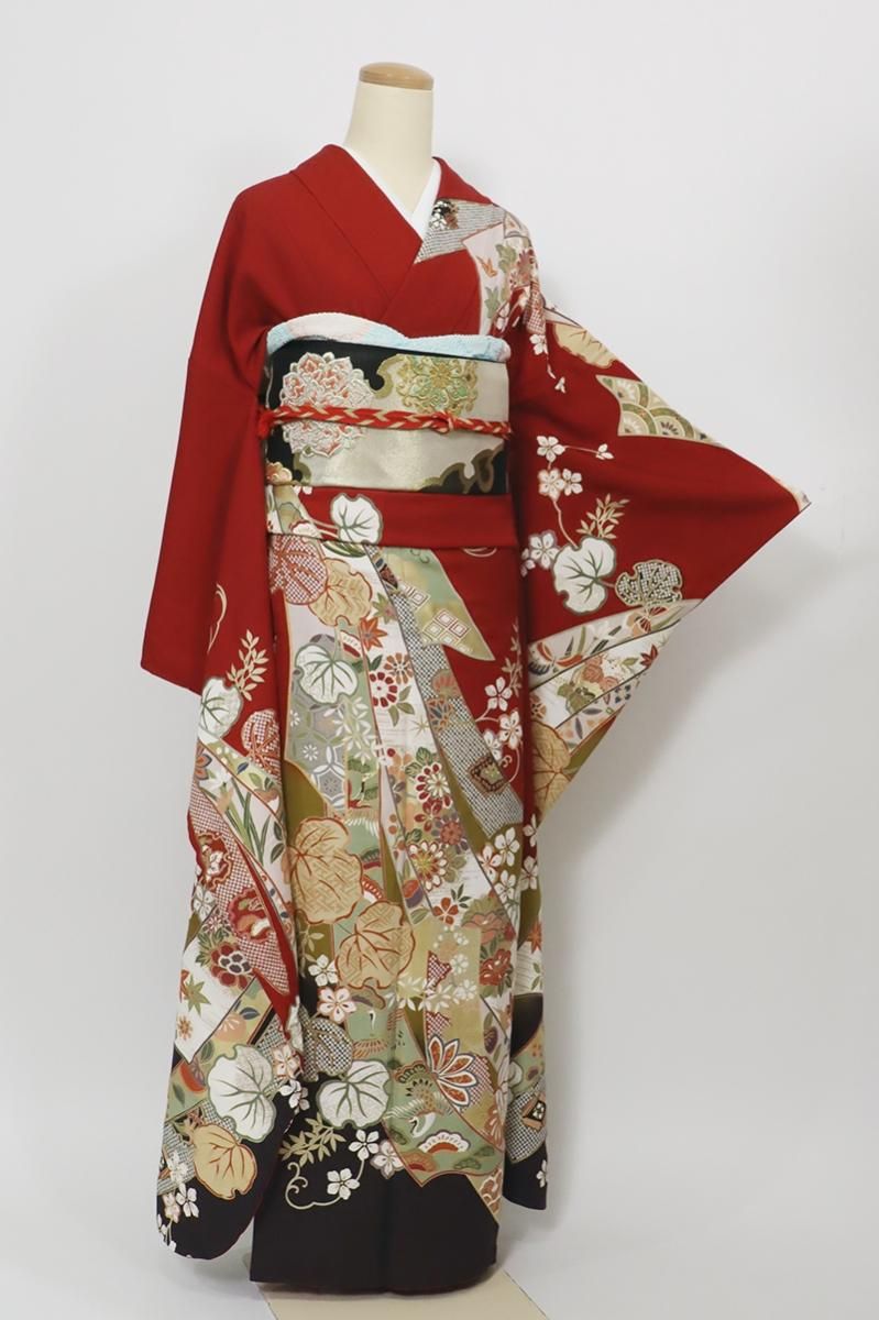 銀座【B-3685】振袖 紅海老茶色 束ね熨斗文 :身丈165/裄/69 - 銀座