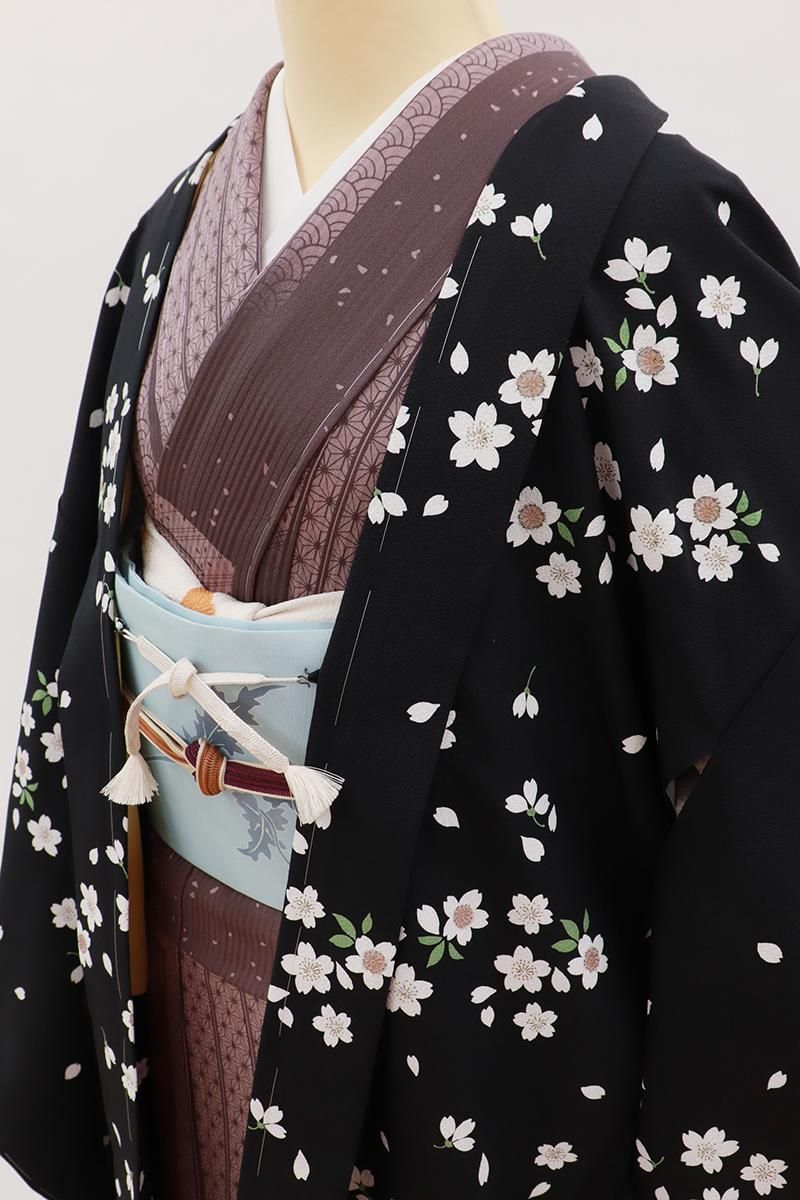 銀座【E-2175】羽織 黒色 桜の図（反端付） :身丈101/裄68 - 銀座