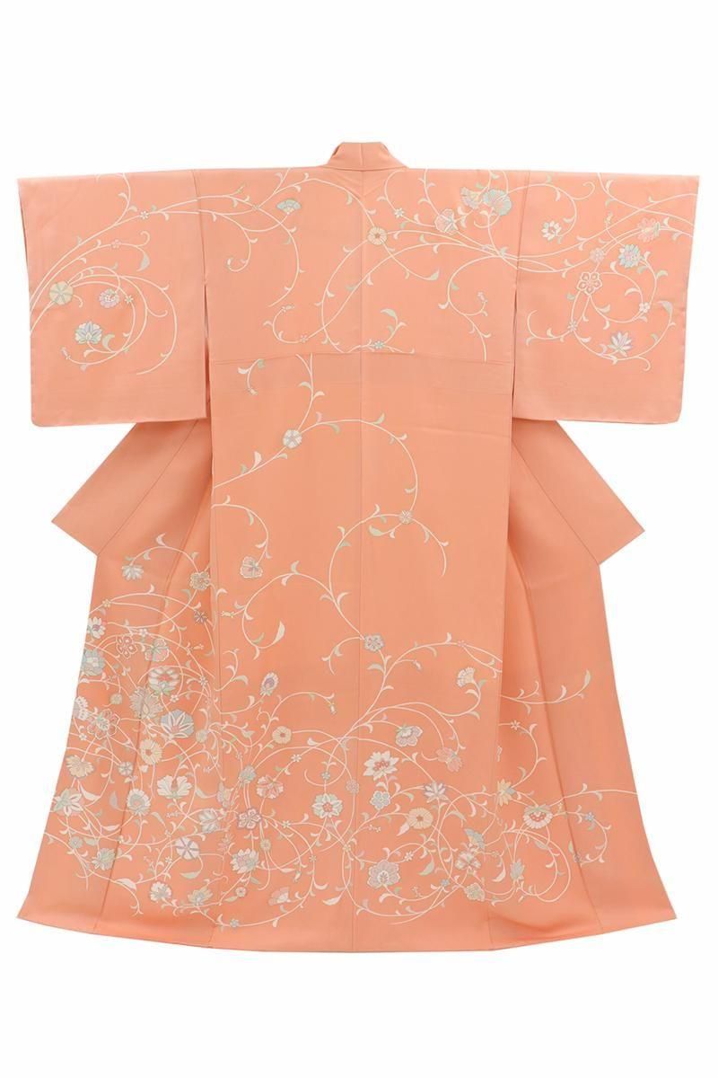 銀座【B-4051】訪問着 鮭色 花唐草文 身丈158.5/裄66.5 - 銀座きもの
