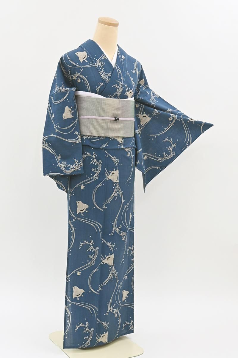 銀座【D-3871】竺仙製 奥州小紋 藍色 波千鳥（反端付）（N） :身丈160