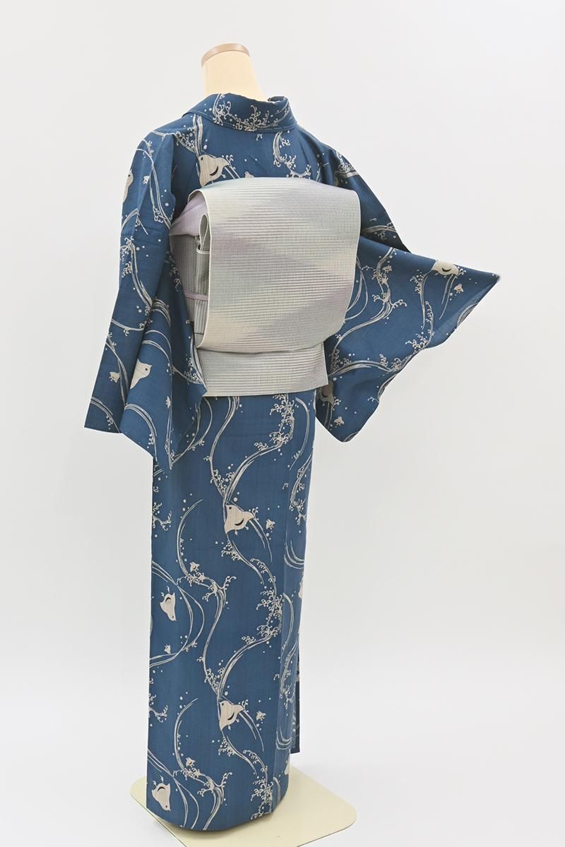 銀座【D-3871】竺仙製 奥州小紋 藍色 波千鳥（反端付）（N） :身丈160